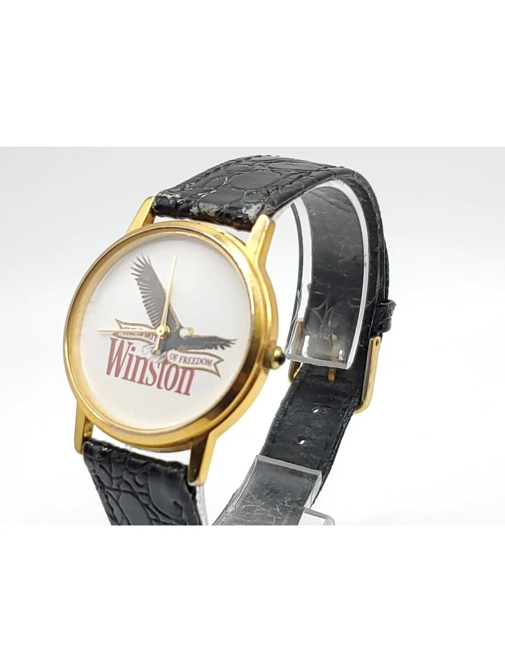 Winston Quartz Watch New Battery Gold Tone Black Band Round 32mm
